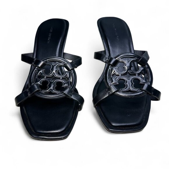 TORY BURCH Miller Bombé Embossed Logo Gold Kitten Heeled Sandal, Black, Size 6 - Picture 5 of 16